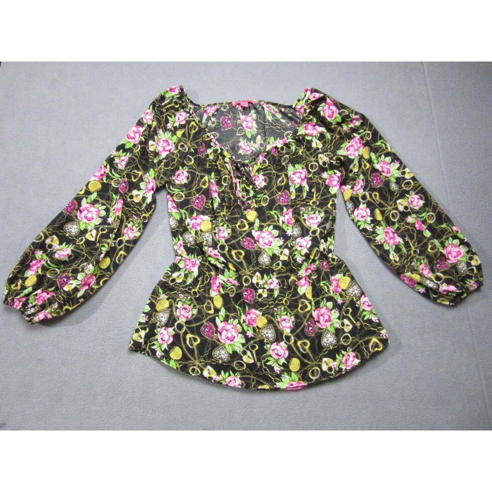 Betsey Johnson Top Womens Medium Black Gold Chain Heart Key Floral Peasant